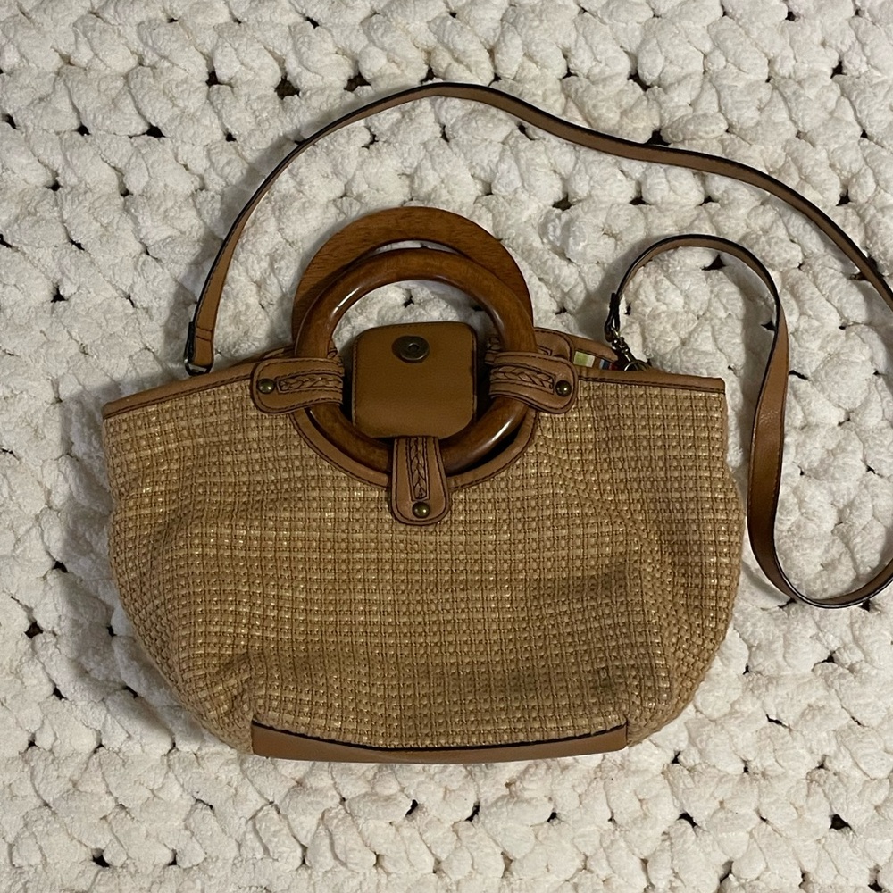 Fossil Wood Leather Straw Raffia Circle Crossbody